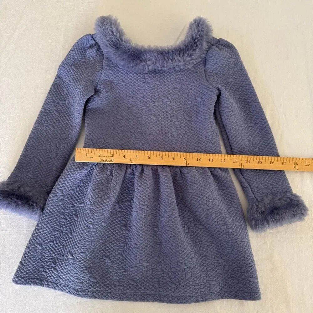 Janie and Jack | Lilac Textured Floral Knit Dress | Faux Fur Trim | Girls 6